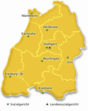 Bild zeigt eine Kar5te von Baden-Württemberg mit den eingezeichneten Gerichtsstandorten